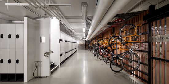 A secure bike racks and lockers room at Collins Square