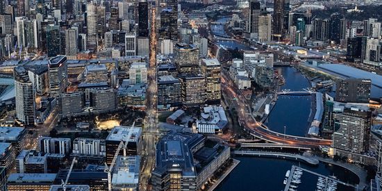 An aerial view of the Melbourne Docklands area with Collins Square prominently visible