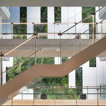 The Green Wall spanning behind several flights of stairs within Tower 4 at Collins Square