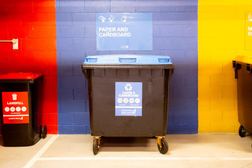 Different categories of recycling bins at Collins Square