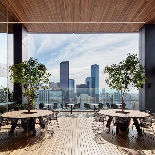 The view from an open-air deck at Tower 2, Collins Square overlooking the Melbourne CBD
