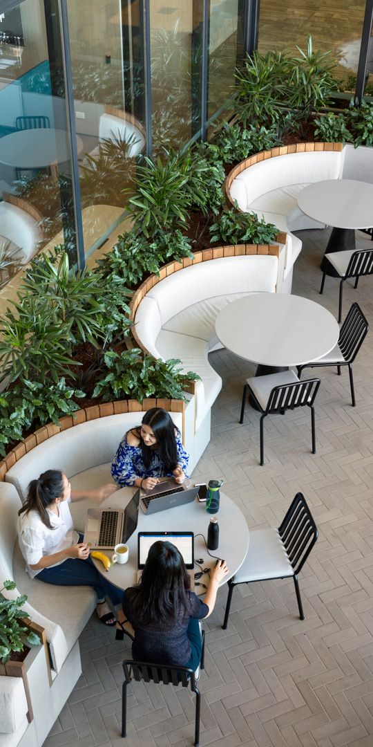 Seating areas surrounded by greenery within Tower 5 at Collins Square