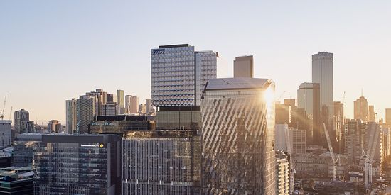 A view of the Collins Square precinct at sunset