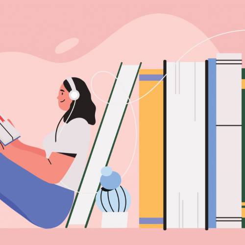 Illustration of woman with headphones on leaning against books